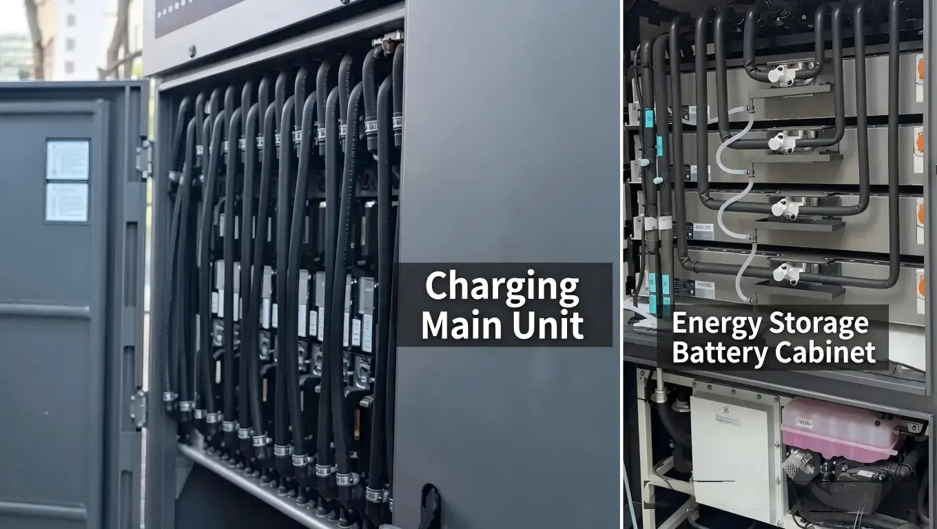 BYD charging host exterior and internal module layout showing AC/DC and DC/DC modules with liquid-cooling pipes