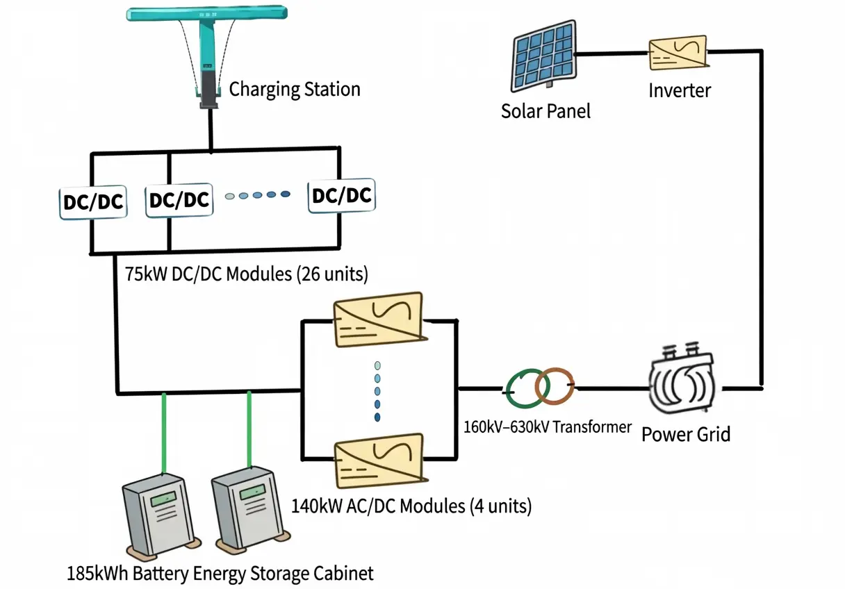 Detailed architecture diagram of BYD megawatt flash charging station showing 26 DC/DC modules, 4 AC/DC modules, 185 kWh storage cabinet, 160-630 kVA transformer, and optional solar panels
