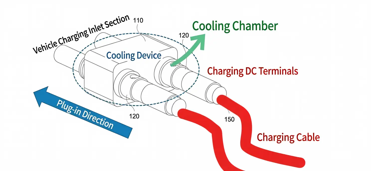 BYD liquid-cooled charging connector diagram showing cooling channel, DC terminals, and cable assembly