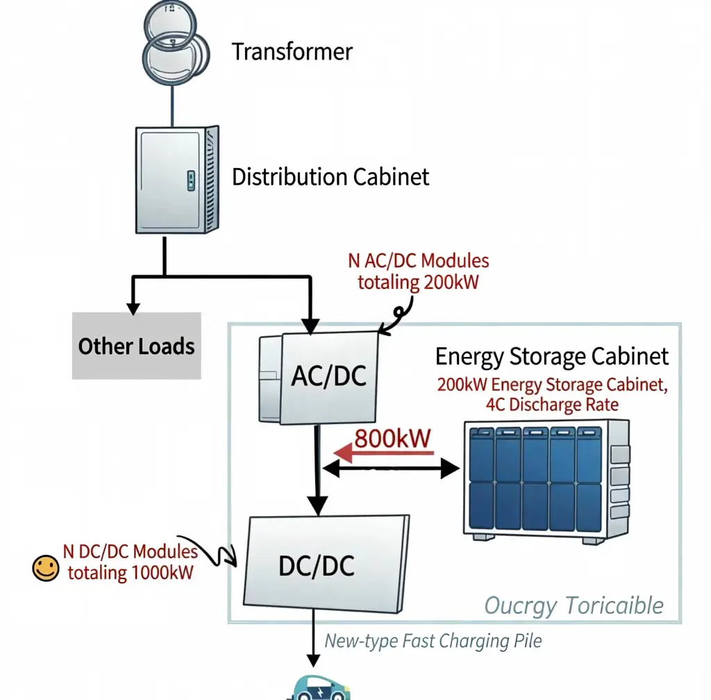 Block diagram of BYD flash charging station showing transformer, AC/DC rectifier, storage cabinet, DC/DC converter, and vehicle