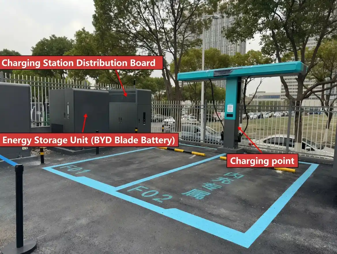 Photo of installed BYD megawatt flash charging station showing storage battery cabinets, charging host, and charging terminal
