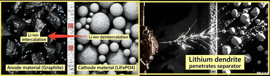 Lithium-ion intercalation/de-intercalation mechanism and the risk of lithium dendrites piercing the separator