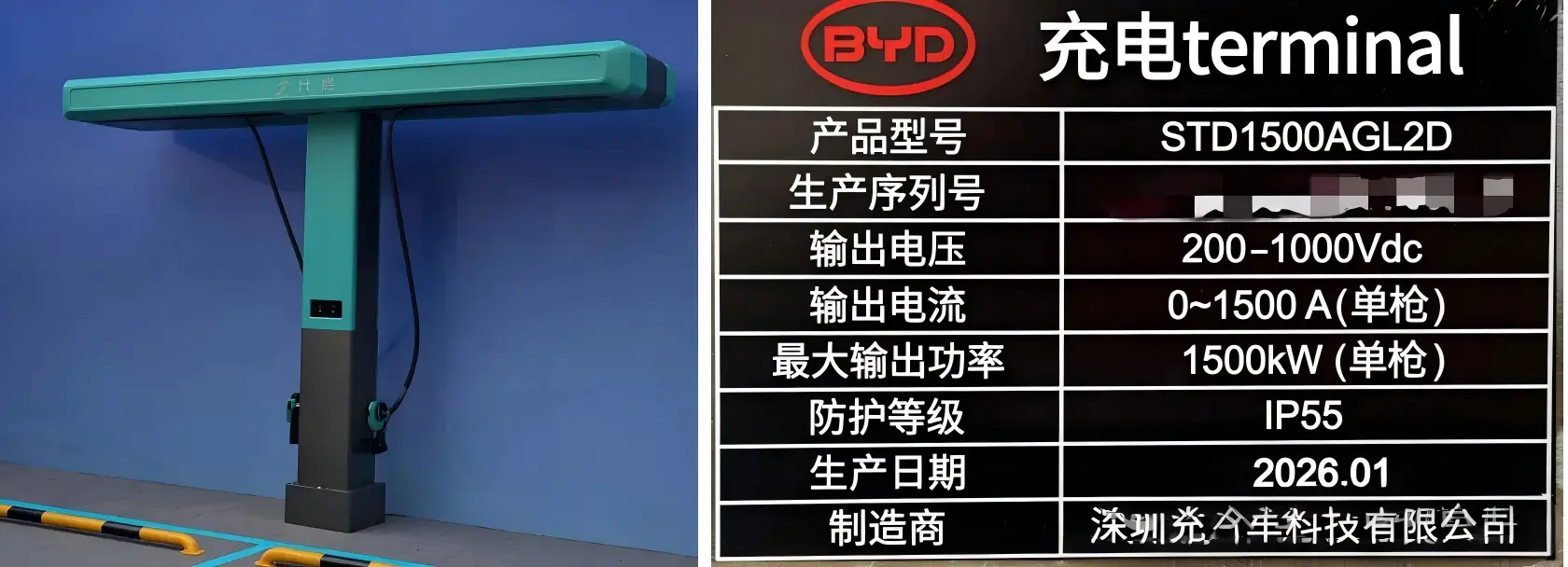 BYD charging terminal photo and nameplate showing model STD1500AGL2D, 1500 kW max, 1500 A max, IP55 rating