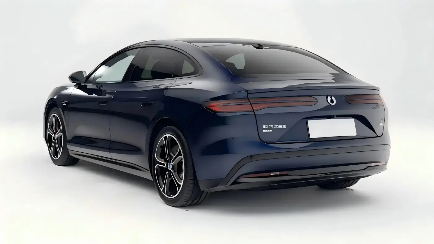 Denza Z9S rear three-quarter view showing fastback silhouette and full-width taillight