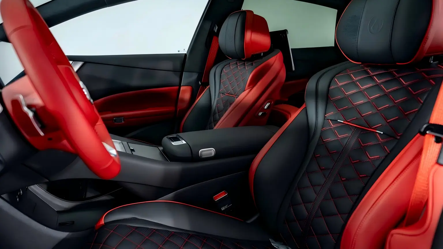Denza Z9S front cabin interior with red Nappa leather seats and dashboard