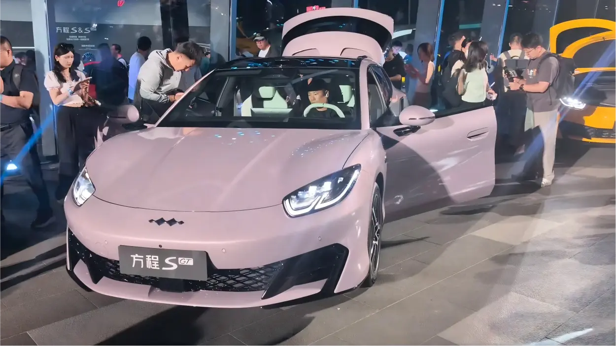 Fang Cheng Bao Formula S GT in pink on the display floor at the launch event