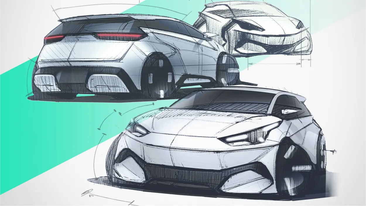 Pencil sketches of the second-generation BYD Seagull, rear three-quarter and front three-quarter