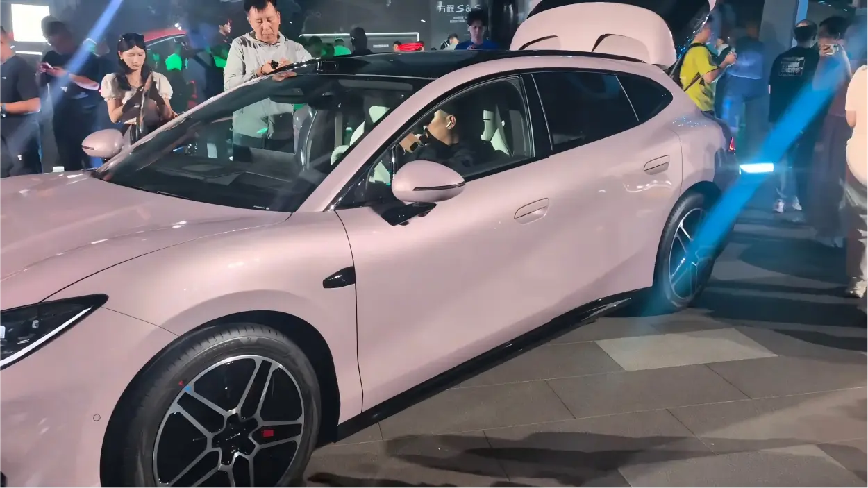 Fang Cheng Bao Formula S GT in pink, three-quarter view at the launch event
