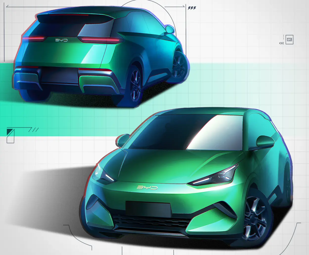 Front and rear three-quarter renderings of the second-generation BYD Seagull in green