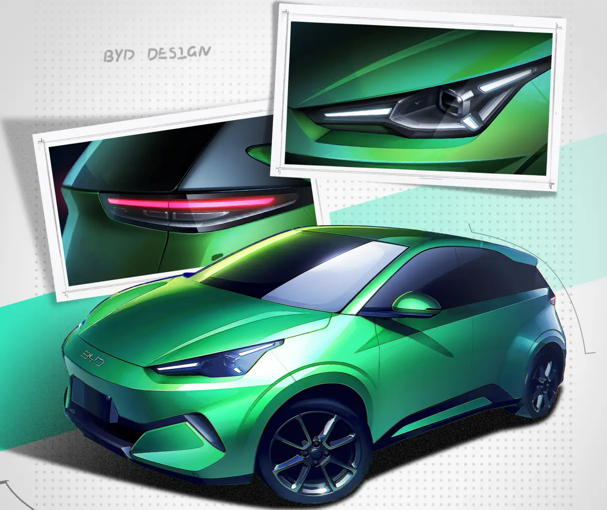 Rendering of the second-generation BYD Seagull with inset details of the headlamp and tail lamp
