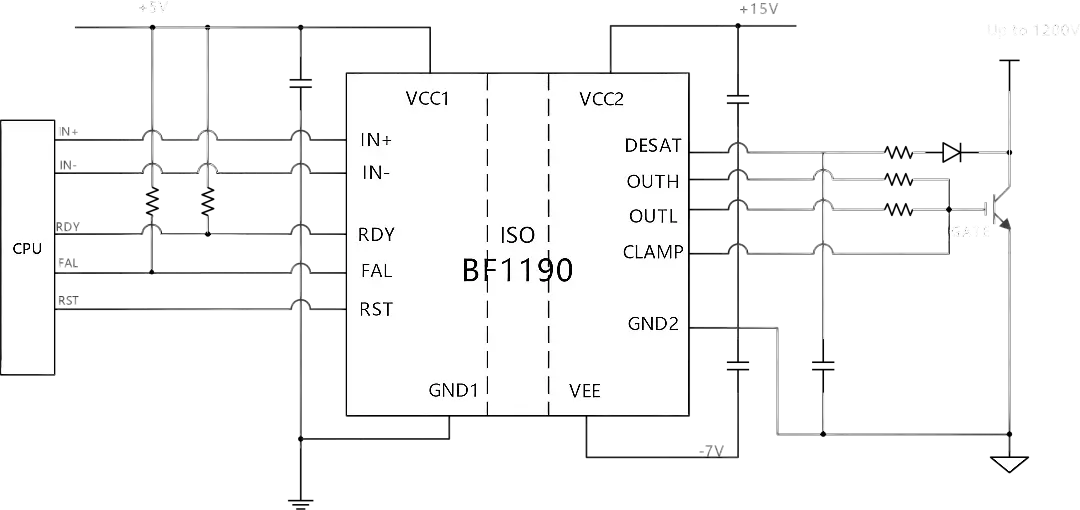 BF1190 typical application circuit with desaturation detection and fault reporting