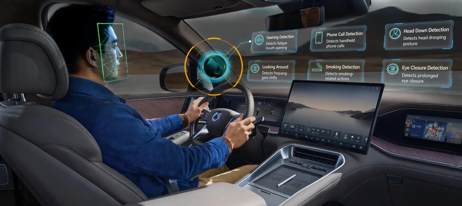 BYD cabin camera illustration: a driver-monitoring camera behind the steering wheel tracking yawning, phone use, head posture, distraction, smoking and eye closure