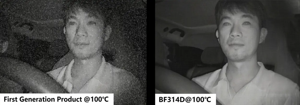 Two infrared face images at 100 degrees Celsius: the first-generation sensor on the left, the BF314D on the right with a brighter, cleaner face
