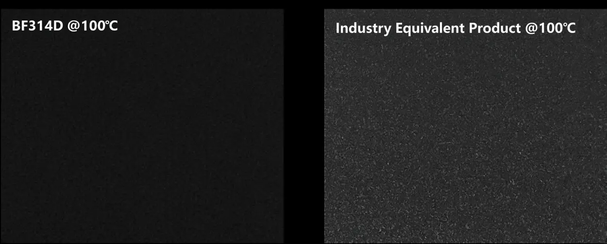 BYD dark-frame comparison at 100 degrees Celsius: BF314D on the left with a clean frame, a part described as an industry equivalent on the right showing heavy noise