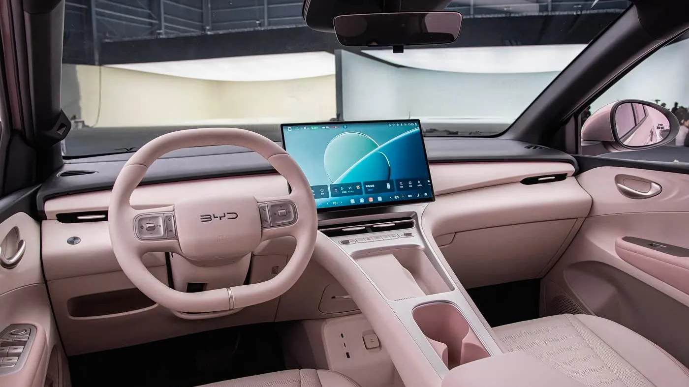 Interior of the second-generation BYD Seagull: two-spoke wheel and floating centre screen